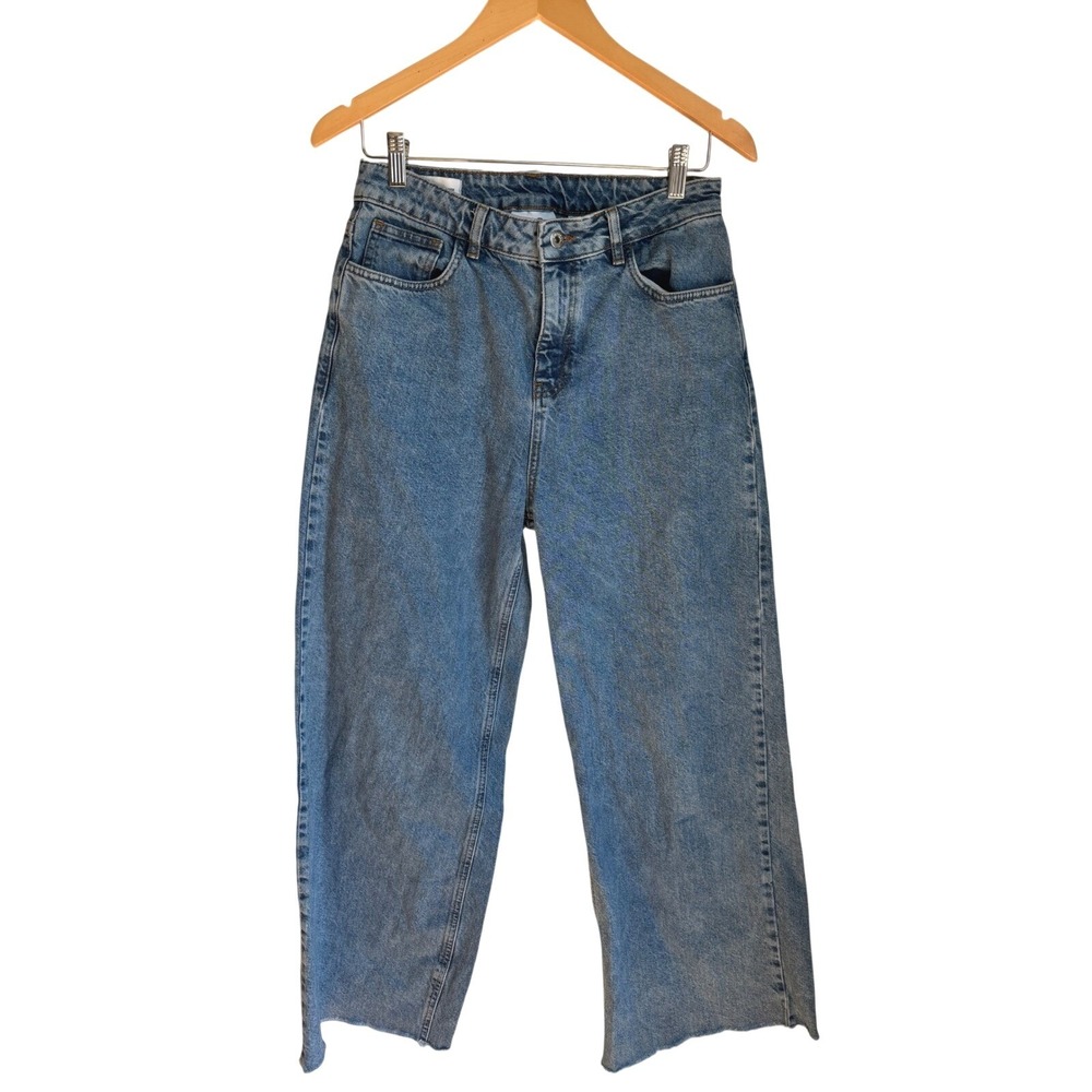 Collusion x007 Wide Leg Jeans Mid Wash Blue High Rise Raw Hem 30/32 (fits 28x29)